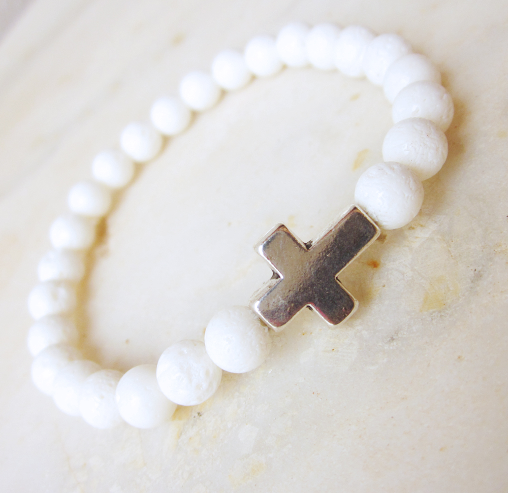 Sideways cross bracelet stretch bracelet stackable white coral bracelet stone