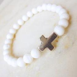 Sideways cross bracelet stretch bracelet stackable white coral bracelet stone