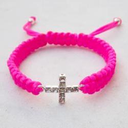 Friendship bracelet cross bracelet neon pink stack jewelry