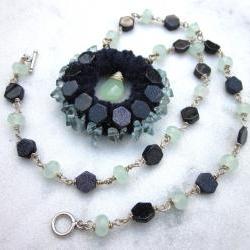 Night Sky gemstone statement necklace with blue goldstone green chalchedony and quartz chips 