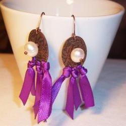 Antique copper earrings with pearls and ribbons leverbacks